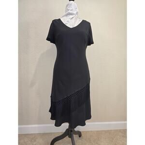 S.L. Fashions Sz 14 Black Midi Cocktail Dress Asymmetric Fringe Overlay